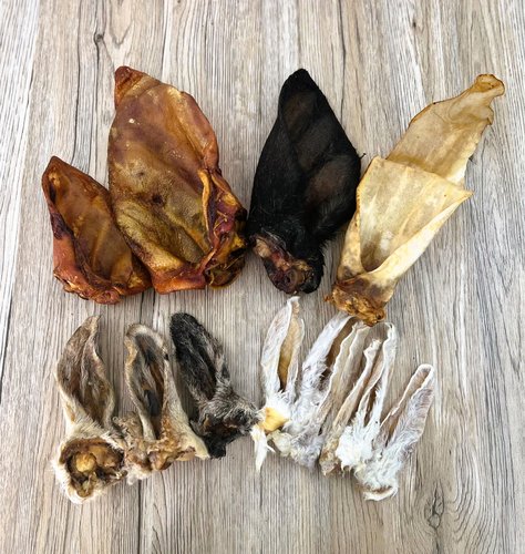 a selection of animal ears that are natural dog treats