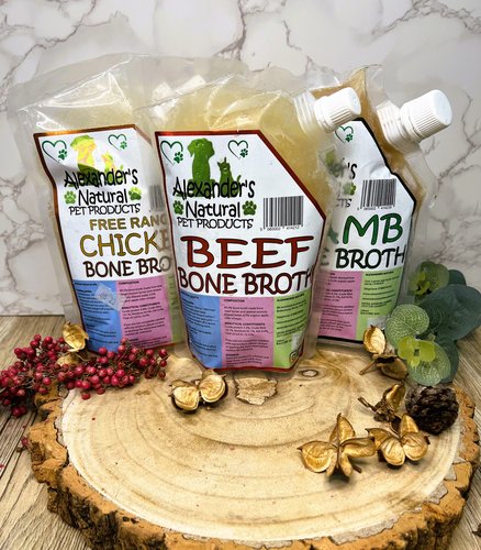Three sachets of Alexander's Bone Broth in chicken, beef and lamb flavours