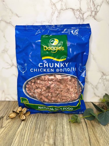a pack of dougie's chunky chicken complete dog food