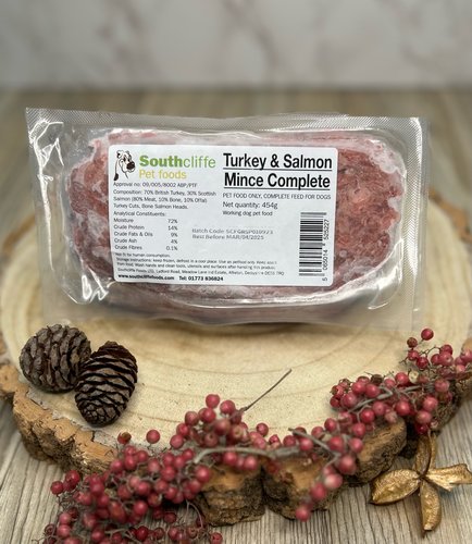a serving of southcliffe turkey & salmon mince raw dog food in its packaging