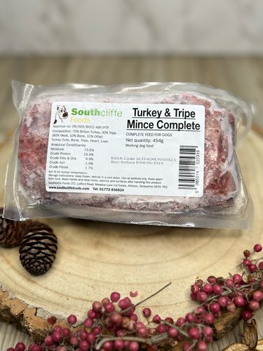 a serving of southcliffe turkey & tripe mince raw dog food in its packaging
